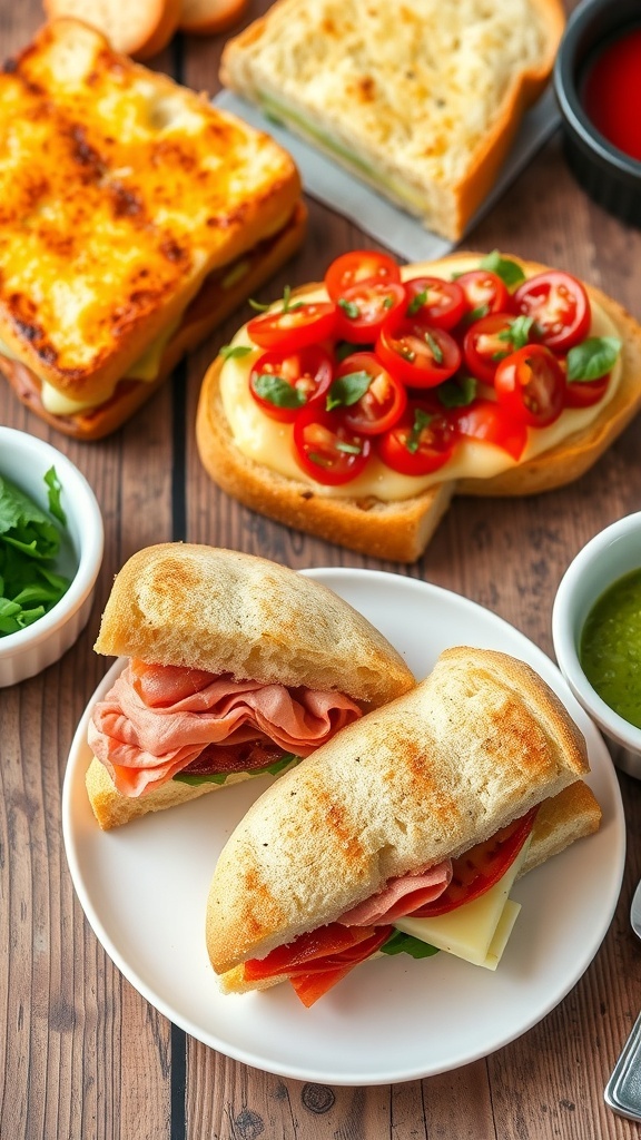 A spread of easy bread meals including grilled cheese, bruschetta, and a panini on a wooden table.